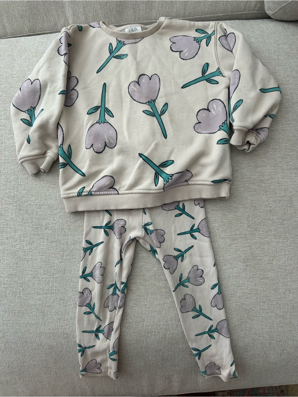 Zara Beige Pajama Set with Purple & Teal Floral Print